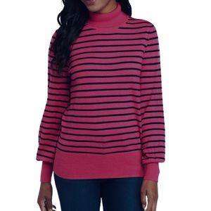 Crown & Ivy Pink Rave Luxe Sweater Cashmere Blend Turtleneck Striped Navy Blue